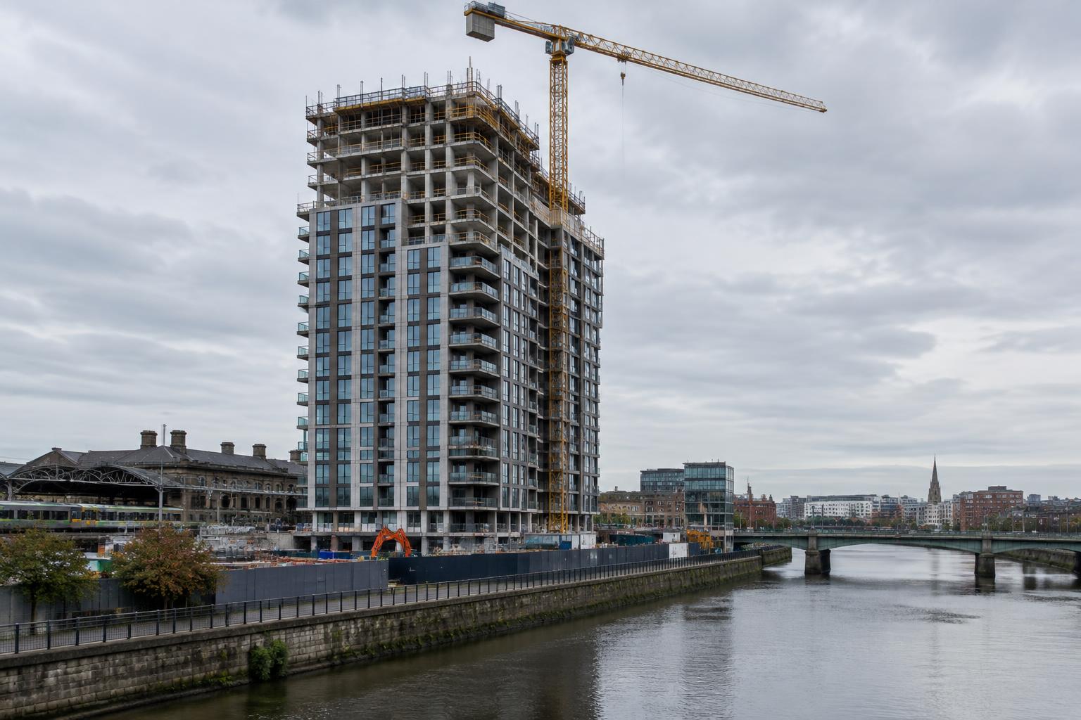 Cost-rental apartment tower under construction beside the Liffey at Parkgate Street, Dublin